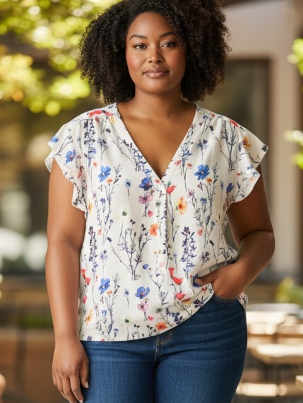 SHEIN Floral V-Neck Flutter Sleeve Top - White Multicolor